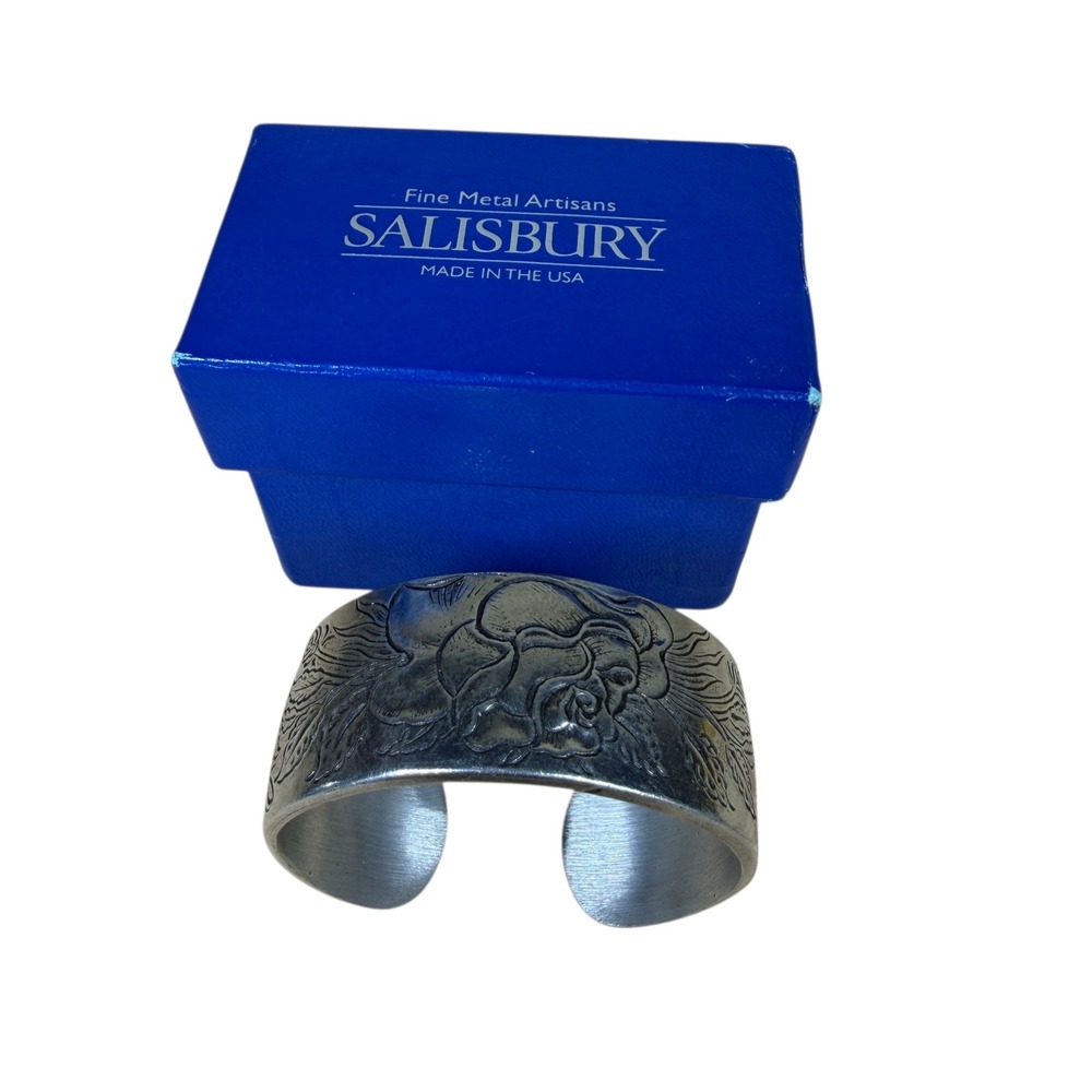 Vintage Salisbury Fine Metal Artisans Pewter Rose Floral June Cuff Bracelet 7.5"